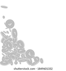 European Union Euro coins falling. Scattered black and white EUR floating coins. Jackpot or success concept. Interesting bottom left corner vector illustration.