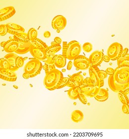 European Union Euro coins falling. Scattered gold EUR coins. Europe money. Great business success concept. Square vector illustration.