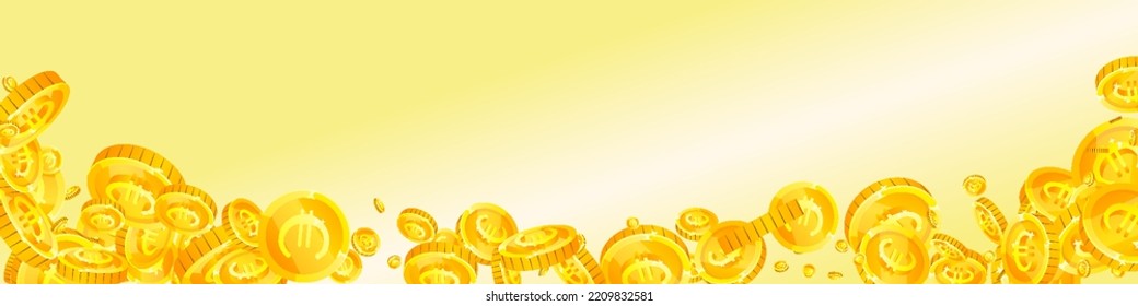 European Union Euro coins falling. Scattered gold EUR coins. Europe money. Global financial crisis concept. Panoramic vector illustration.