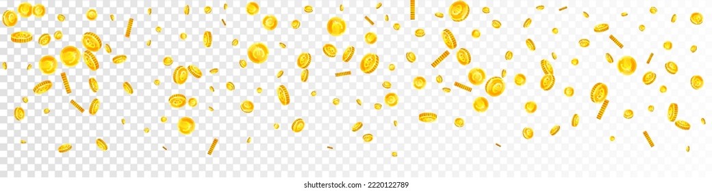 European Union Euro coins falling. Scattered gold EUR coins. Europe money. Global financial crisis concept. Panoramic vector illustration.