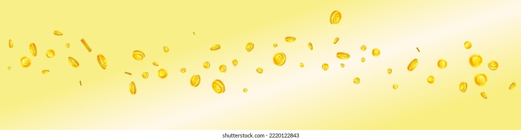 European Union Euro coins falling. Scattered gold EUR coins. Europe money. Jackpot wealth or success concept. Panoramic vector illustration.
