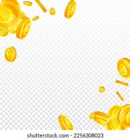 European Union Euro coins falling. Scattered gold EUR coins. Europe money. Jackpot wealth or success concept. Square vector illustration.