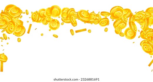 European Union Euro coins falling. Scattered gold EUR coins. Europe money. Jackpot wealth or success concept. Wide vector illustration.