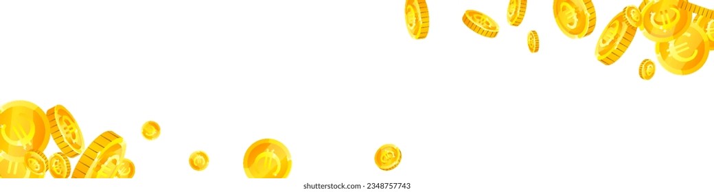 European Union Euro coins falling. Scattered gold EUR coins. Europe money. Great business success concept. Panoramic vector illustration.