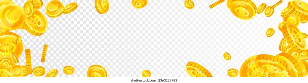 European Union Euro coins falling. Scattered gold EUR coins. Europe money. Global financial crisis concept. Panoramic vector illustration.
