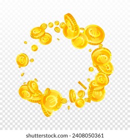 European Union Euro coins falling. Scattered gold EUR coins. Europe money. Jackpot wealth or success concept. Square vector illustration.