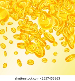 European Union Euro coins falling. Scattered gold EUR coins. Europe money. Jackpot wealth or success concept. Square vector illustration.