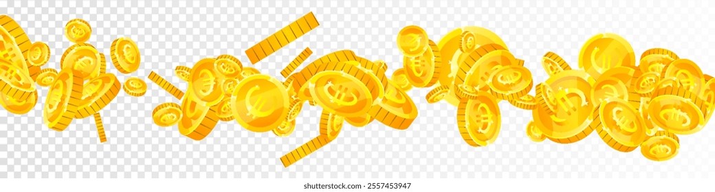 European Union Euro coins falling. Scattered gold EUR coins. Europe money. Global financial crisis concept. Panoramic vector illustration.