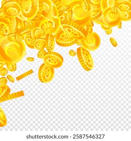 European Union Euro coins falling. Scattered gold EUR coins. Europe money. Great business success concept. Square vector illustration.