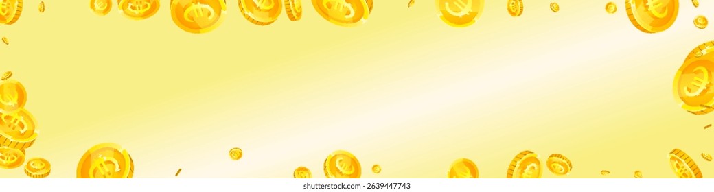 European Union Euro coins falling. Scattered gold EUR coins. Europe money. Jackpot wealth or success concept. Panoramic vector illustration.