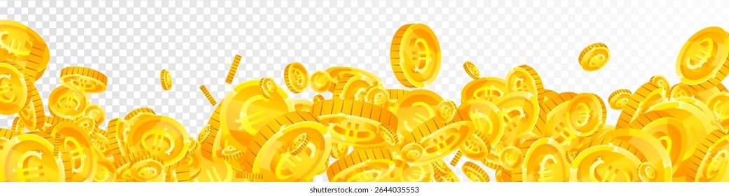 European Union Euro coins falling. Scattered gold EUR coins. Europe money. Jackpot wealth or success concept. Panoramic vector illustration.