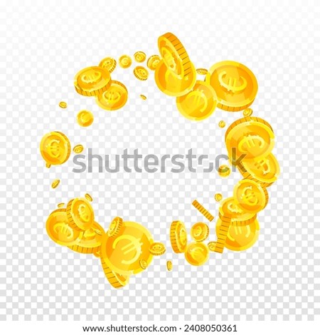 European Union Euro coins falling. Scattered gold EUR coins. Europe money. Jackpot wealth or success concept. Square vector illustration.