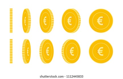 European Union Euro coins set, animation ready. EUR yellow coins rotation. Europe metal money in different positions isolated. Cool cartoon vector illustration.