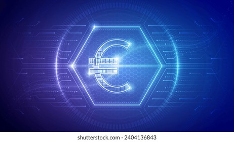 European Union Euro (EUR), Futuristic Currency Finance Symbol, Hologram Cybernetic Neon Glow Translucent Circuit Board Digital Technology Hexagon Block Backdrop Background