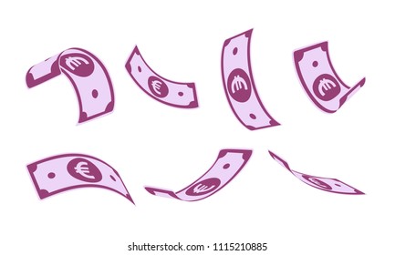 European Union Euro falling set, animation ready. EUR paper notes flying in the air. Europe money in seven different positions isolated on white background. Cartoon vector illustration.