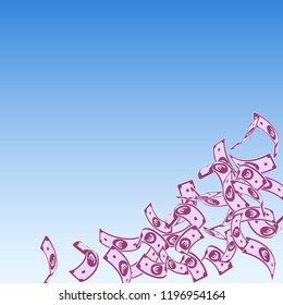 European Union Euro notes falling. Floating EUR bills on blue sky background. Europe money. Amazing vector illustration. Rare jackpot, wealth or success concept.