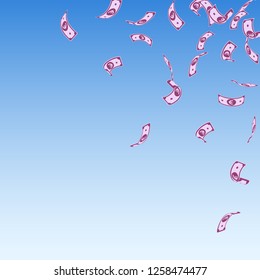 European Union Euro notes falling. Sparse EUR bills on blue sky background. Europe money. 