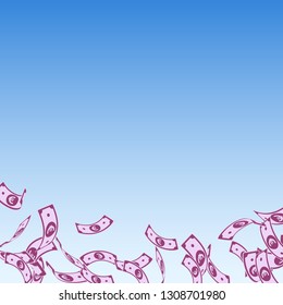 European Union Euro notes falling. Floating EUR bills on blue sky background. Europe money. Alluring vector illustration. Shapely jackpot, wealth or success concept.