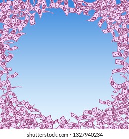 European Union Euro notes falling. Small EUR bills on blue sky background. Europe money. Amusing vector illustration. Awesome jackpot, wealth or success concept.