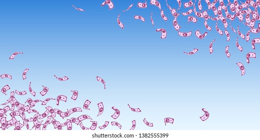 European Union Euro notes falling. Small EUR bills on blue sky background. Europe money. Artistic vector illustration. Mesmeric jackpot, wealth or success concept.