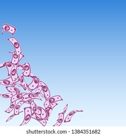 European Union Euro notes falling. Floating EUR bills on blue sky background. Europe money. Amazing vector illustration. Overwhelming jackpot, wealth or success concept.