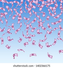European Union Euro notes falling. Sparse EUR bills on blue sky background. Europe money. Artistic vector illustration. Bizarre jackpot, wealth or success concept.