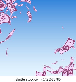 European Union Euro notes falling. Messy EUR bills on blue sky background. Europe money. Amusing vector illustration. Wondrous jackpot, wealth or success concept.