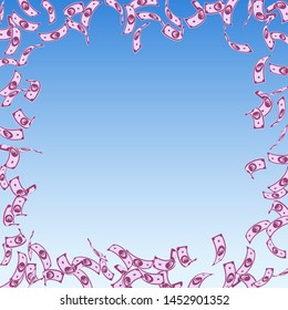 European Union Euro notes falling. Sparse EUR bills on blue sky background. Europe money. Amazing vector illustration. Worthy jackpot, wealth or success concept.