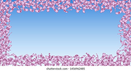 European Union Euro notes falling. Small EUR bills on blue sky background. Europe money. Astonishing vector illustration. Eminent jackpot, wealth or success concept.