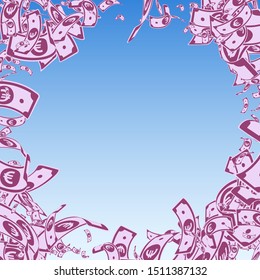 European Union Euro notes falling. Messy EUR bills on blue sky background. Europe money. Amusing vector illustration. Amazing jackpot, wealth or success concept.