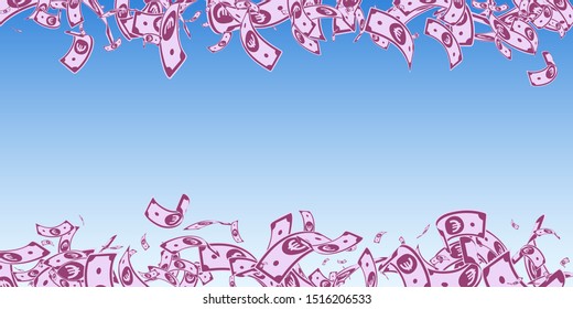 European Union Euro notes falling. Messy EUR bills on blue sky background. Europe money. Astonishing vector illustration. Bizarre jackpot, wealth or success concept.