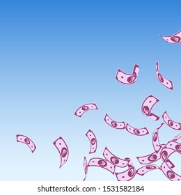 European Union Euro notes falling. Floating EUR bills on blue sky background. Europe money. Appealing vector illustration. Great jackpot, wealth or success concept.