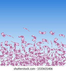 European Union Euro notes falling. Small EUR bills on blue sky background. Europe money. Appealing vector illustration. Authentic jackpot, wealth or success concept.
