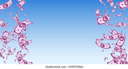European Union Euro notes falling. Random EUR bills on blue sky background. Europe money. Artistic vector illustration. Unique jackpot, wealth or success concept.