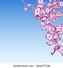 Los billetes en euros de la Unión Europea caen. Cuentas de euro desordenadas sobre fondo azul cielo. Dinero europeo. Ilustración vectorial artística. Exquisito concepto de botín, riqueza o éxito.