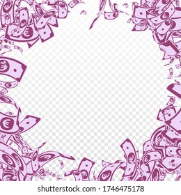 Los billetes de euros de la Unión Europea caen. Cuentas de euro desordenadas con fondo transparente. Dinero europeo. Divertida ilustración vectorial. Apelación, riqueza o concepto de éxito.