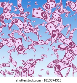European Union Euro notes falling. Random EUR bills on blue sky background. Europe money. Appealing vector illustration. Mind-blowing jackpot, wealth or success concept.