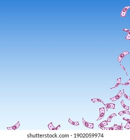 European Union Euro notes falling. Sparse EUR bills on blue sky background. Europe money. Amazing vector illustration. Classic jackpot, wealth or success concept.