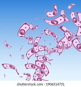 European Union Euro notes falling. Messy EUR bills on blue sky background. Europe money. Amusing vector illustration. Ideal jackpot, wealth or success concept.