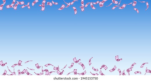 European Union Euro notes falling. Sparse EUR bills on blue sky background. Europe money. Astonishing vector illustration. Cool jackpot, wealth or success concept.