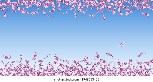 European Union Euro notes falling. Small EUR bills on blue sky background. Europe money. Astonishing vector illustration. Classic jackpot, wealth or success concept.