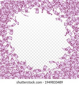 European Union Euro notes falling. Small EUR bills on transparent background. Europe money. Amusing vector illustration. Sublime jackpot, wealth or success concept.