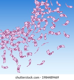 European Union Euro notes falling. Small EUR bills on blue sky background. Europe money. Amusing vector illustration. Fine jackpot, wealth or success concept.