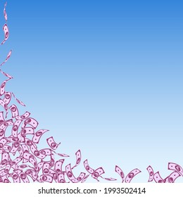 European Union Euro notes falling. Small EUR bills on blue sky background. Europe money. Alluring vector illustration. Wonderful jackpot, wealth or success concept.