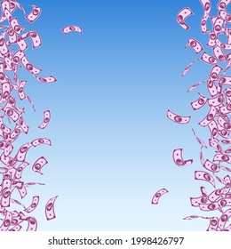 Los billetes de euros de la Unión Europea caen. Pequeños billetes de euros sobre fondo azul cielo. Dinero europeo. Divertida ilustración vectorial. Encantador jackpot, riqueza o concepto de éxito.