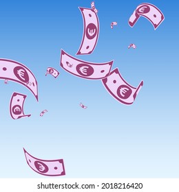 European Union Euro notes falling. Random EUR bills on blue sky background. Europe money. Amusing vector illustration. Fascinating jackpot, wealth or success concept.