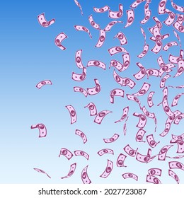 European Union Euro notes falling. Sparse EUR bills on blue sky background. Europe money. Amusing vector illustration. Outstanding jackpot, wealth or success concept.