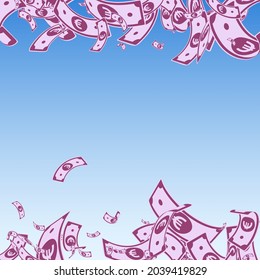 European Union Euro notes falling. Messy EUR bills on blue sky background. Europe money. Amazing vector illustration. Imaginative jackpot, wealth or success concept.