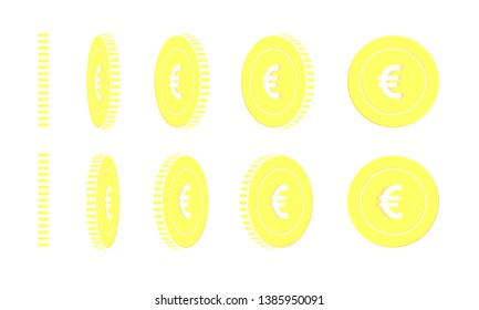 European Union Euro rotating coins set, animation ready. Yellow EUR gold coins rotation. Europe metal money. Classic cartoon vector illustration.