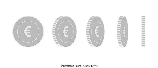 European Union Euro rotating coins set, animation ready. Black and white EUR silver coins rotation. Europe metal money. Dramatic cartoon vector illustration.